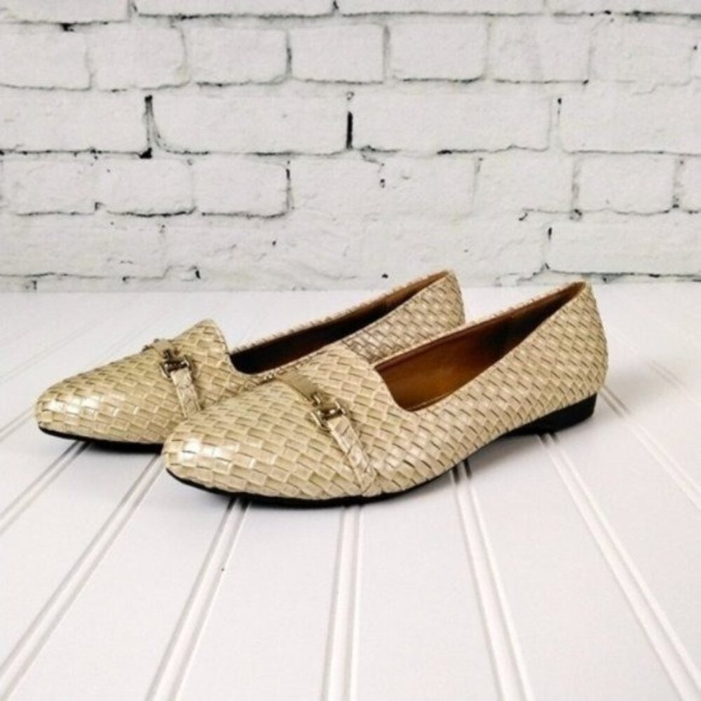 Seven7 Gigi Buckle Braided Textured Almond Toe Flat Loafer In Pearl Gold Size 6